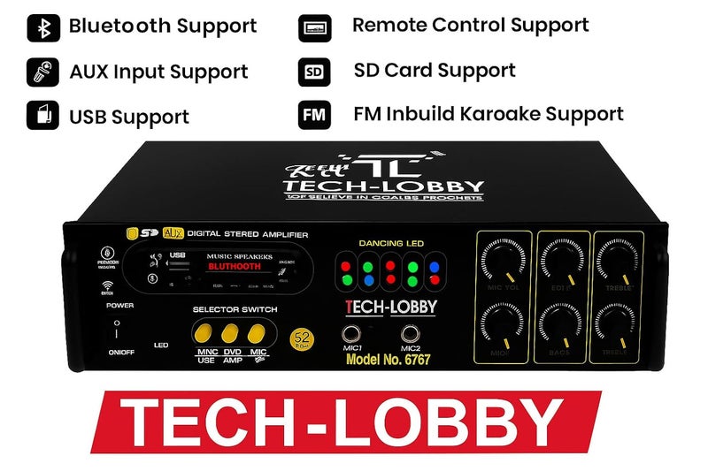 TECH-UNIQUE 4 Channel 200 Watt Stereo Amplifier with Big LED Display/Bluetooth/2 MIC Input/USB/SD Card Slot/FM Radio/AUX Input/Remote Control & Built-in Equalizer with Bass, Treble & Balance Control - Image 3