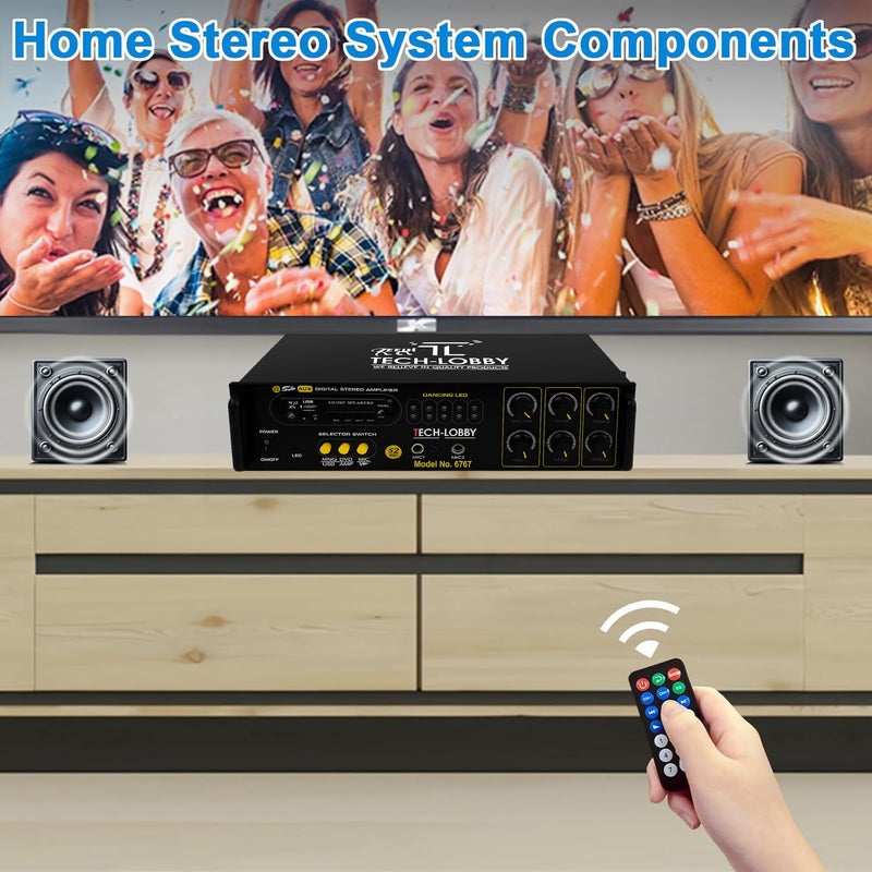 TECH-UNIQUE 4 Channel 200 Watt Stereo Amplifier with Big LED Display/Bluetooth/2 MIC Input/USB/SD Card Slot/FM Radio/AUX Input/Remote Control & Built-in Equalizer with Bass, Treble & Balance Control - Image 5