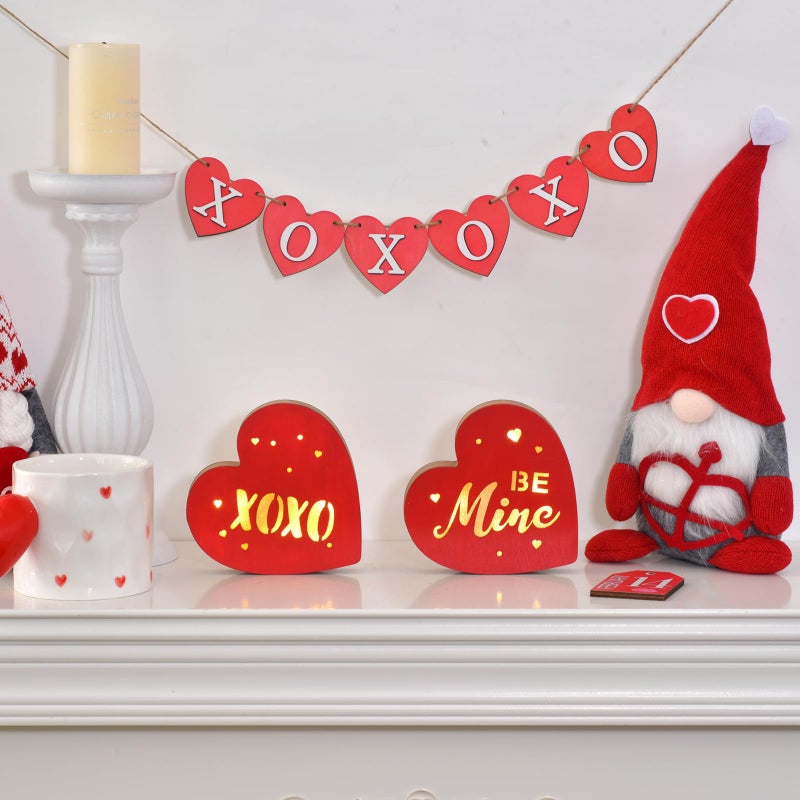 GHOSTMAGIC Valentine's Day Heart Decor â€“ 2PCS Lighted Wooden Heart Decorations, "Be Mine" & "XOXO" Table Decor with LED Lights, Valentines Day Centerpiece for Tiered Tray Shelf Mantel Fireplace Desk (red) - Image 3