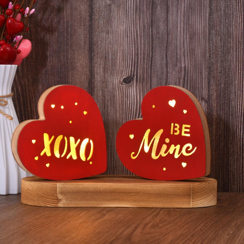 GHOSTMAGIC Valentine's Day Heart Decor â€“ 2PCS Lighted Wooden Heart Decorations, "Be Mine" & "XOXO" Table Decor with LED Lights, Valentines Day Centerpiece for Tiered Tray Shelf Mantel Fireplace Desk (red) - Image 5