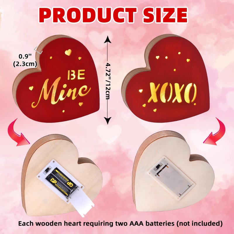 GHOSTMAGIC Valentine's Day Heart Decor â€“ 2PCS Lighted Wooden Heart Decorations, "Be Mine" & "XOXO" Table Decor with LED Lights, Valentines Day Centerpiece for Tiered Tray Shelf Mantel Fireplace Desk (red) - Image 2