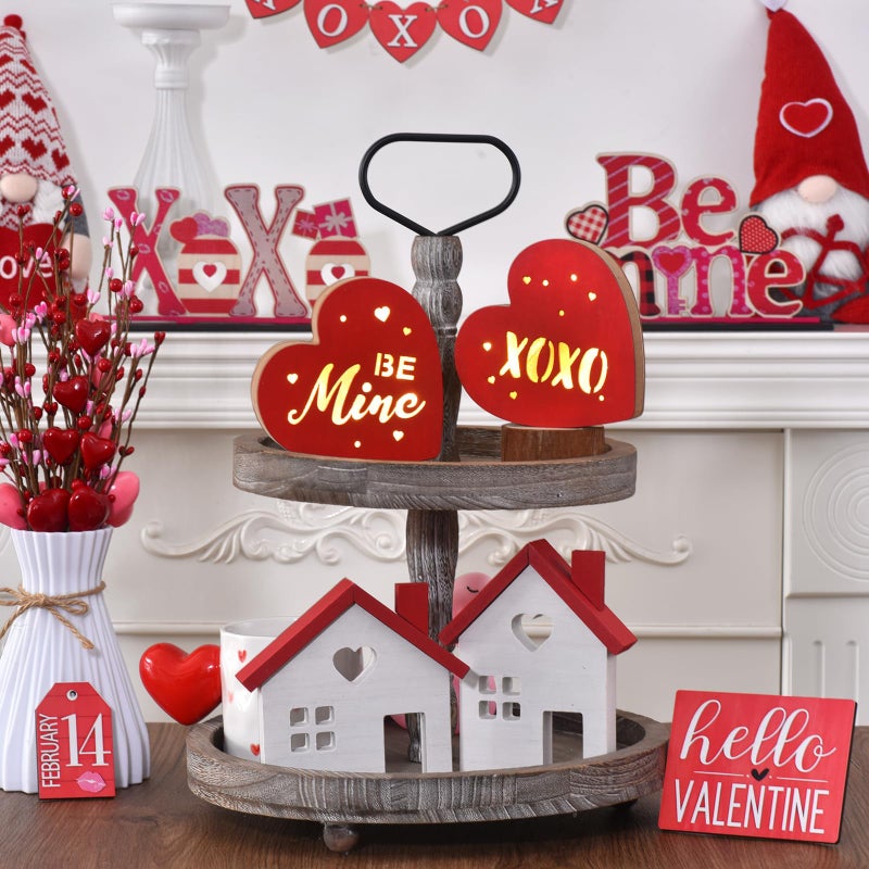 GHOSTMAGIC Valentine's Day Heart Decor â€“ 2PCS Lighted Wooden Heart Decorations, "Be Mine" & "XOXO" Table Decor with LED Lights, Valentines Day Centerpiece for Tiered Tray Shelf Mantel Fireplace Desk (red) - Image 4