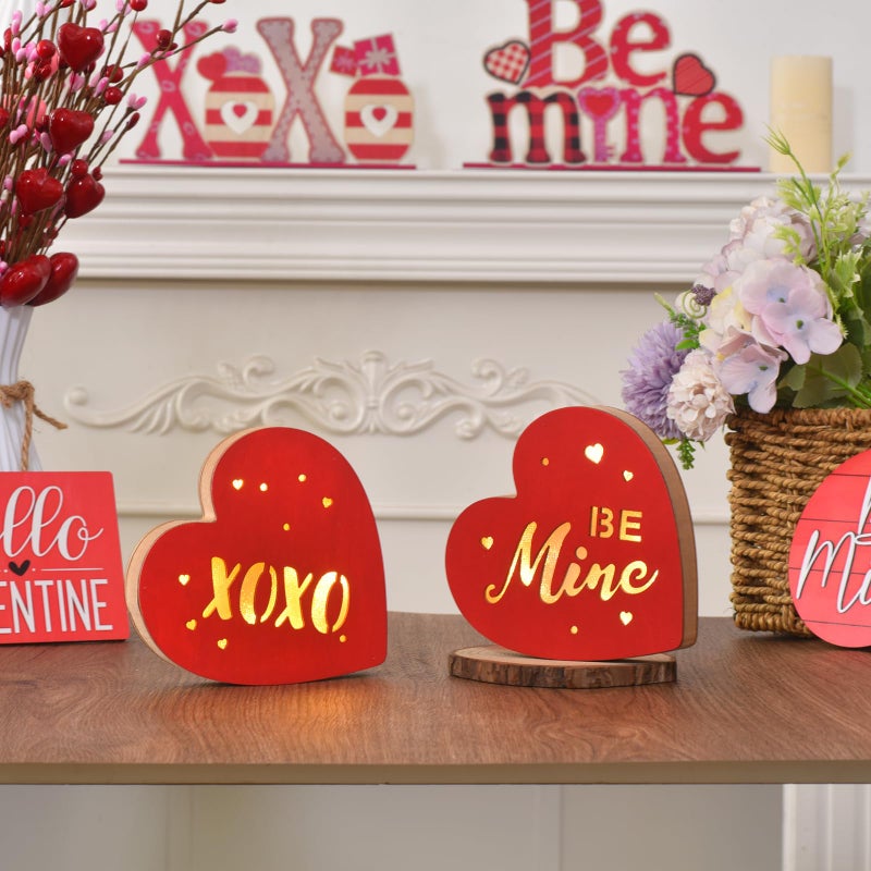 GHOSTMAGIC Valentine's Day Heart Decor â€“ 2PCS Lighted Wooden Heart Decorations, "Be Mine" & "XOXO" Table Decor with LED Lights, Valentines Day Centerpiece for Tiered Tray Shelf Mantel Fireplace Desk (red) - Image 1