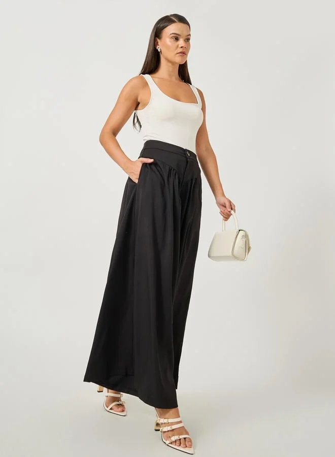 Take Two Take Two Solid Gathered Detail Wide Leg Trousers