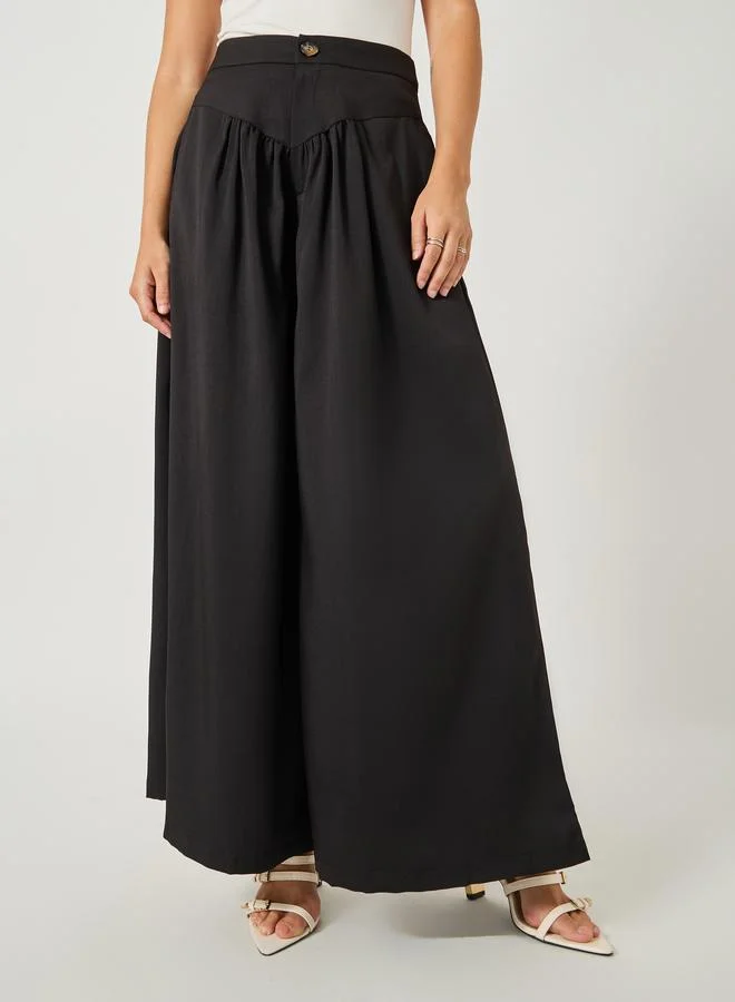 Take Two Take Two Solid Gathered Detail Wide Leg Trousers