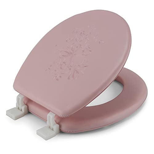 J&V Textiles Embroidered Soft Round Toilet Seat With Easy Clean & Change Hinge, Padded (Pink) - Image 1