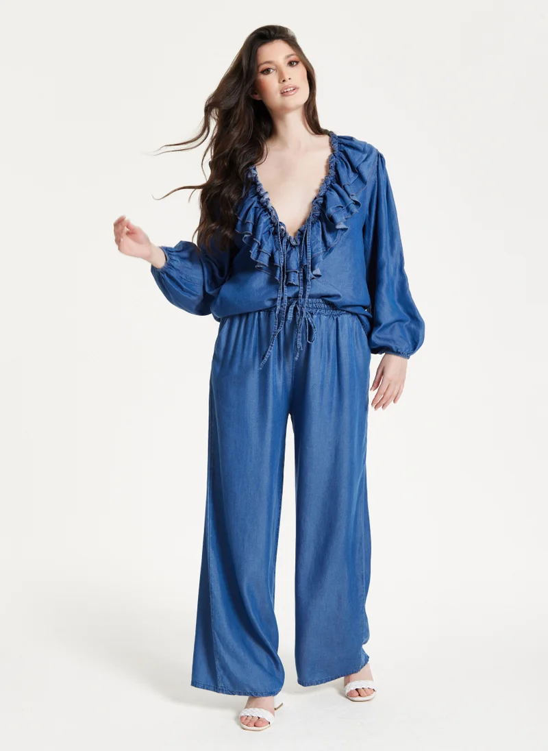 Liquorish Ruffled V-Neck Long Sleeve Top