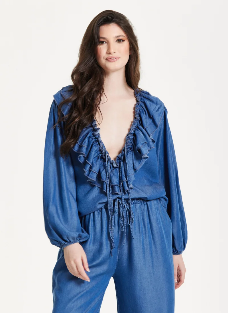 Liquorish  Ruffled V-Neck Long Sleeve Top for Women | Best Price UAE