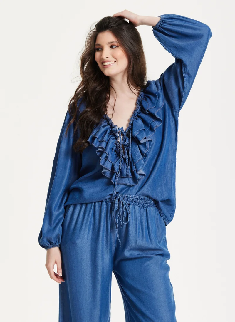Liquorish  Ruffled V-Neck Long Sleeve Top for Women | Best Price UAE