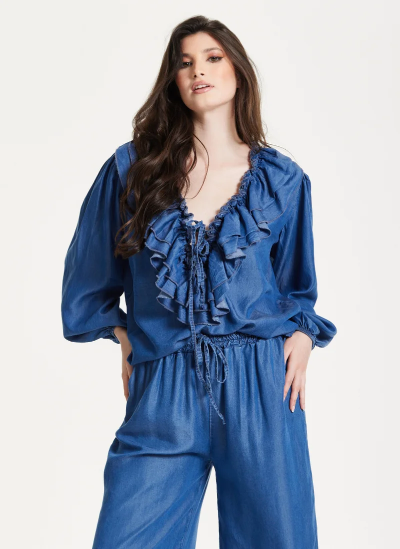 Liquorish  Ruffled V-Neck Long Sleeve Top for Women | Best Price UAE