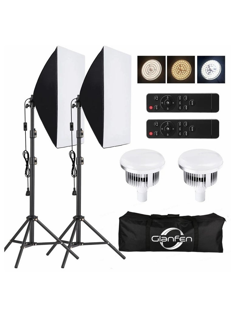 Glanfen Studio Photography Lighting Kit with 2 Pcs 380W 3 Colors Remote LED Bulbs,SoftBoxes and Carry Bag for Video Recording, Portraits Shooting  - Image 1