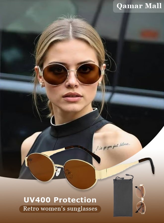 نظارة شمسية نسائية بيضاوية عصرية بتصميم ريترو بإطار ذهبي، مع حماية من الأشعة فوق البنفسجية 400 - Image 1