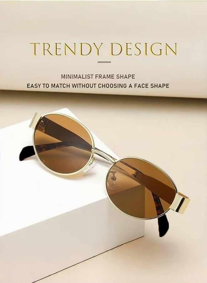 نظارة شمسية نسائية بيضاوية عصرية بتصميم ريترو بإطار ذهبي، مع حماية من الأشعة فوق البنفسجية 400 - Image 3