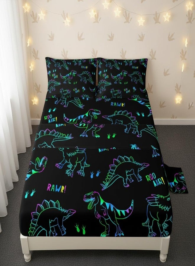 QOOMO Cartoon Dinosaurs Kids Sheet Set,Animal Print Bedding Set Lightweight for All Seasons Queen Size,Black Sets for Room Decoration,1 Fitted Sheet,1 Flat Sheet,2 Pillow Cases - Image 1