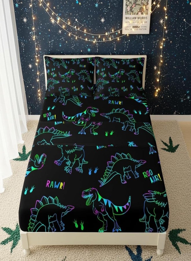 QOOMO Cartoon Dinosaurs Kids Sheet Set,Animal Print Bedding Set Lightweight for All Seasons Queen Size,Black Sets for Room Decoration,1 Fitted Sheet,1 Flat Sheet,2 Pillow Cases - Image 2