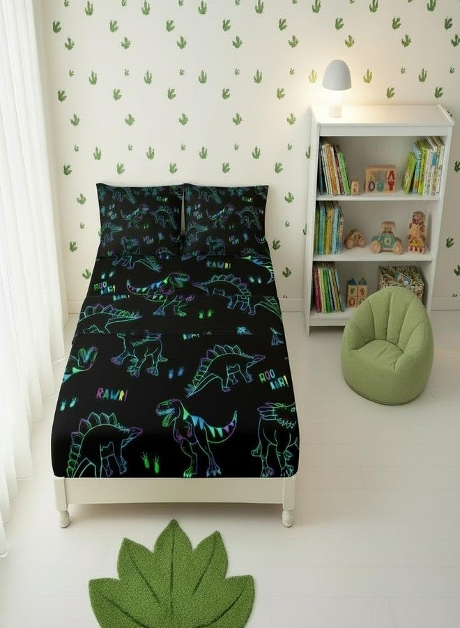 QOOMO Cartoon Dinosaurs Kids Sheet Set,Animal Print Bedding Set Lightweight for All Seasons Queen Size,Black Sets for Room Decoration,1 Fitted Sheet,1 Flat Sheet,2 Pillow Cases - Image 3