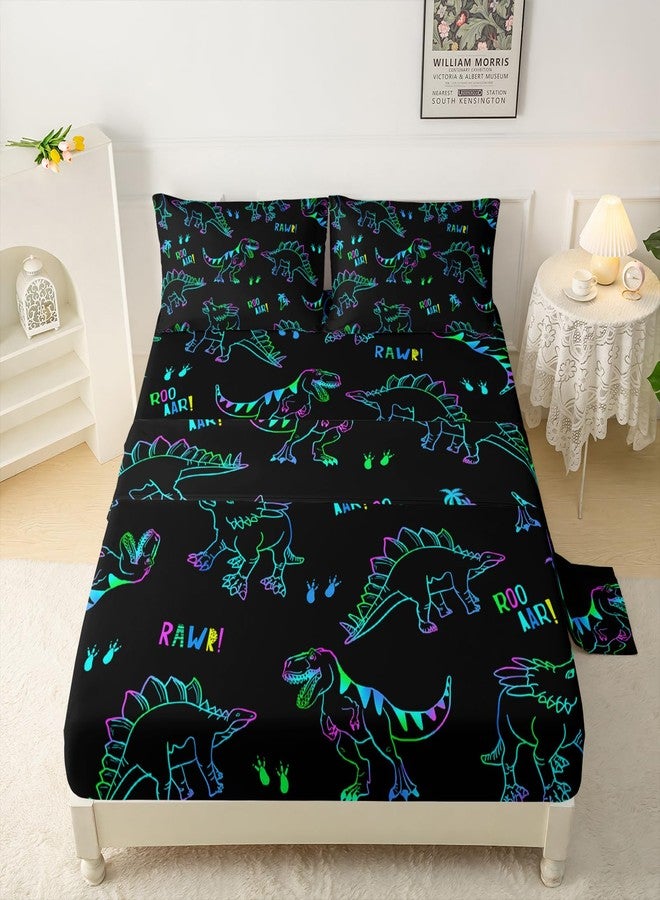 QOOMO Cartoon Dinosaurs Kids Sheet Set,Animal Print Bedding Set Lightweight for All Seasons Queen Size,Black Sets for Room Decoration,1 Fitted Sheet,1 Flat Sheet,2 Pillow Cases - Image 4