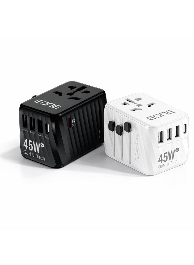 EONE 45W GaN III Universal Travel Charger, Worldwide Adapter with 5 Ports (USB-C & USB-A), Fast Charging Power Delivery, Multi Plug (UK EU US AUS), Compact Charger for Travel – Black/White - Image 1