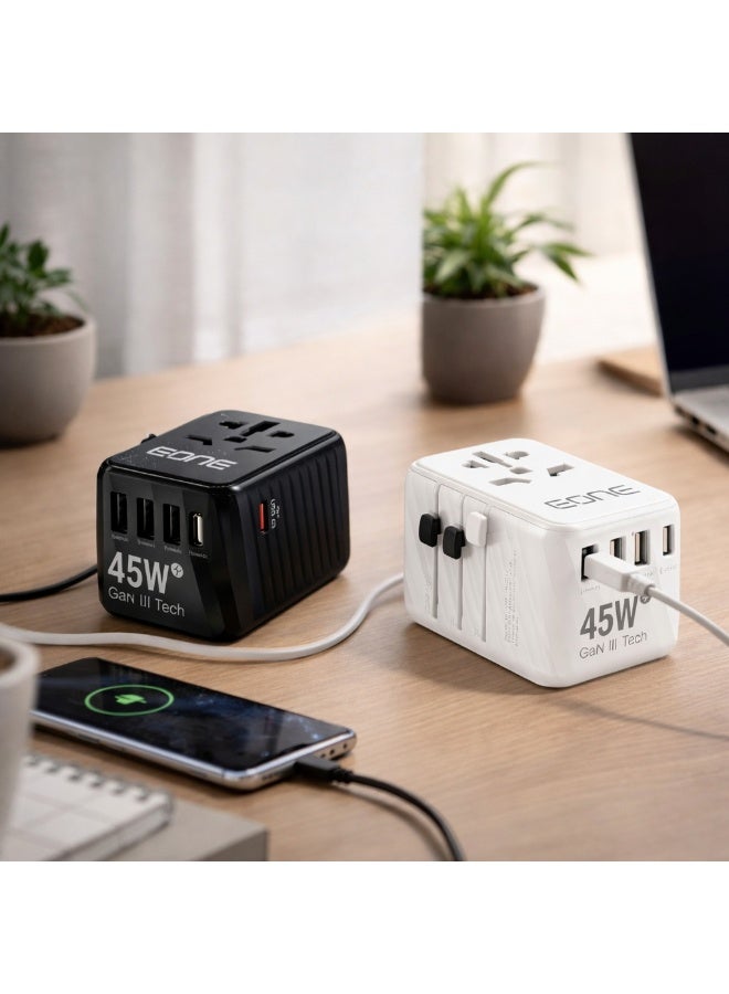 EONE 45W GaN III Universal Travel Charger, Worldwide Adapter with 5 Ports (USB-C & USB-A), Fast Charging Power Delivery, Multi Plug (UK EU US AUS), Compact Charger for Travel – Black/White - Image 3