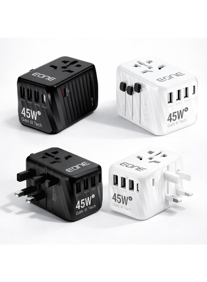 EONE 45W GaN III Universal Travel Charger, Worldwide Adapter with 5 Ports (USB-C & USB-A), Fast Charging Power Delivery, Multi Plug (UK EU US AUS), Compact Charger for Travel – Black/White - Image 2