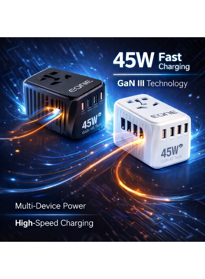 EONE 45W GaN III Universal Travel Charger, Worldwide Adapter with 5 Ports (USB-C & USB-A), Fast Charging Power Delivery, Multi Plug (UK EU US AUS), Compact Charger for Travel – Black/White - Image 5