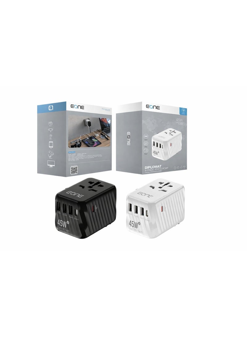 EONE 45W GaN III Universal Travel Charger, Worldwide Adapter with 5 Ports (USB-C & USB-A), Fast Charging Power Delivery, Multi Plug (UK EU US AUS), Compact Charger for Travel – Black/White - Image 4