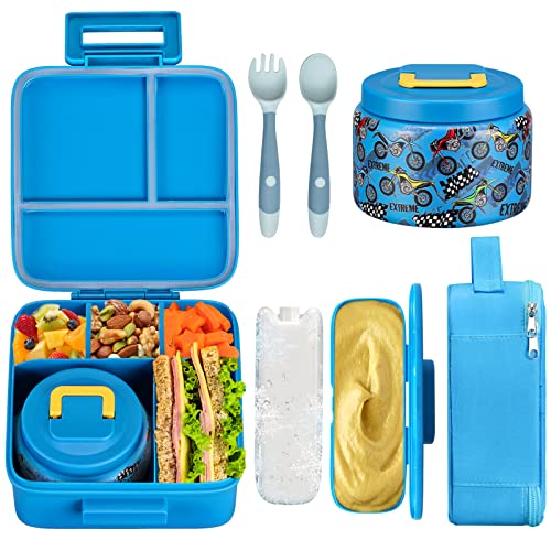JXXM Bento Lunch Box for Kids With 8oz Soup thermo,Leak-proof Lunch Containers with 5 Compartment,thermo Food Jar and Lunch Bag, Food Containers for School (A-Blue(Extreme Locomotive)) - Image 1