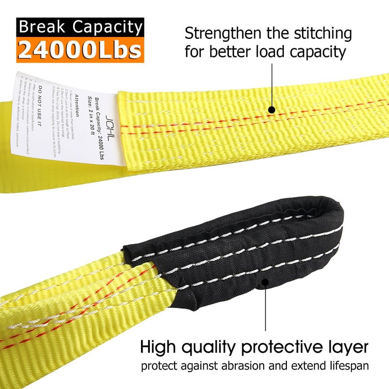 JCHL Recovery Tow Strap with Reinforced Loops 2inx20ft Heavy Duty 24,000lb Break Strength Vehicle Recovery Rope Use for Emergency Towing Rope, Tree Saver, Winch Extension, Triple Reinforced Loops - Image 5