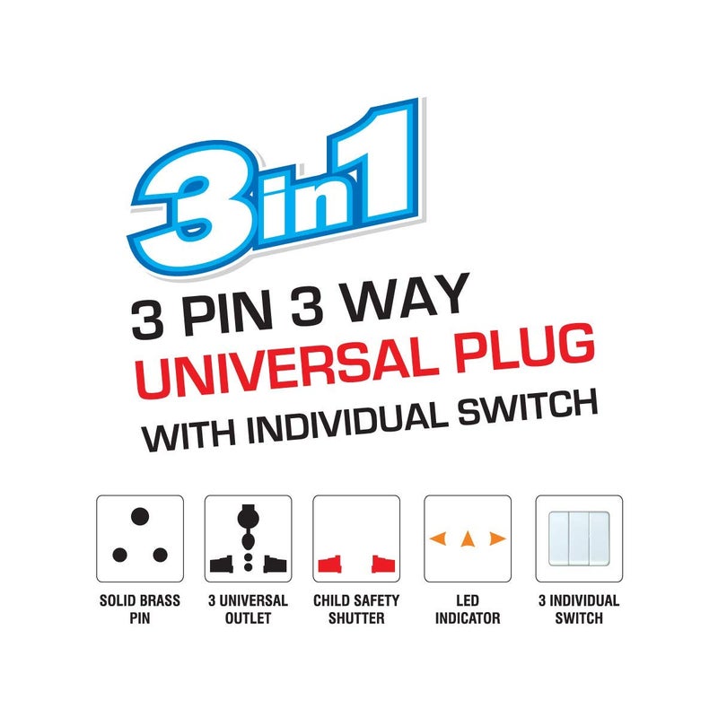 MEXONIC 3 Way Socket Plug Adapter Universal Input with Individual Switches and Led Indicator 10 Amps Accepts Round Flat Plugs Converter Extension Board Cords 3 Multiplug Home Pin TravelPack of 01 - Image 3