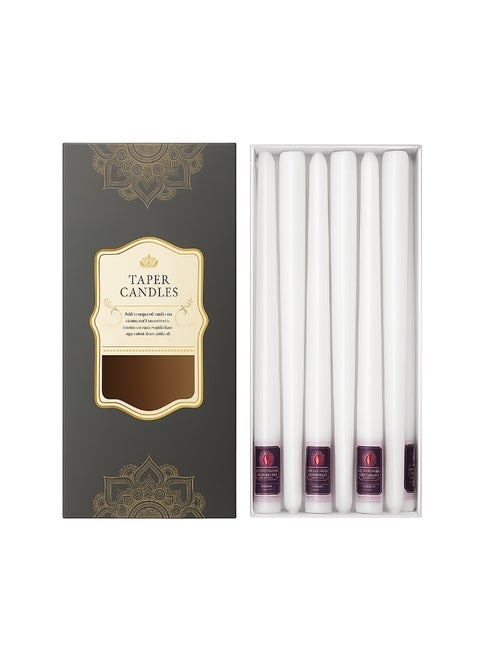 مجموعة 12 قطعة من الشموع البيضاء الطويلة الأنيقة بدون قطرات للزفاف، العشاء، ديكور المنزل والاحتفالات الدينية | شموع شمعية غير معطرة، بدون دخان في علبة هدايا فاخرة