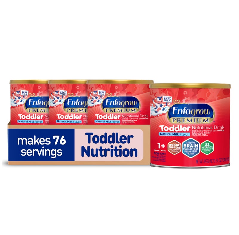 Enfagrow PREMIUM Toddler Nutritional Drink Natural Milk Flavor Omega3 DHA for Brain Support Prebiotics Vitamins for Immune Health NonGMO Powder Can 24 Oz Pack of 4