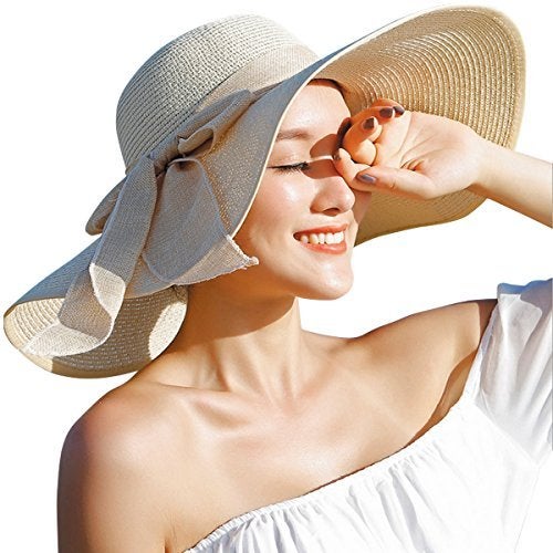 Lanzom Womens Big Bowknot Straw Hat Floppy Foldable Roll up Beach Cap Sun Hat UPF 50+ (Beige, One Size) - Image 3