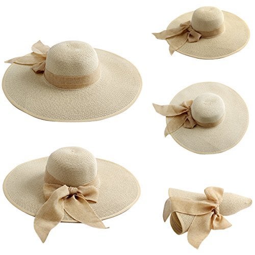 Lanzom Womens Big Bowknot Straw Hat Floppy Foldable Roll up Beach Cap Sun Hat UPF 50+ (Beige, One Size) - Image 2