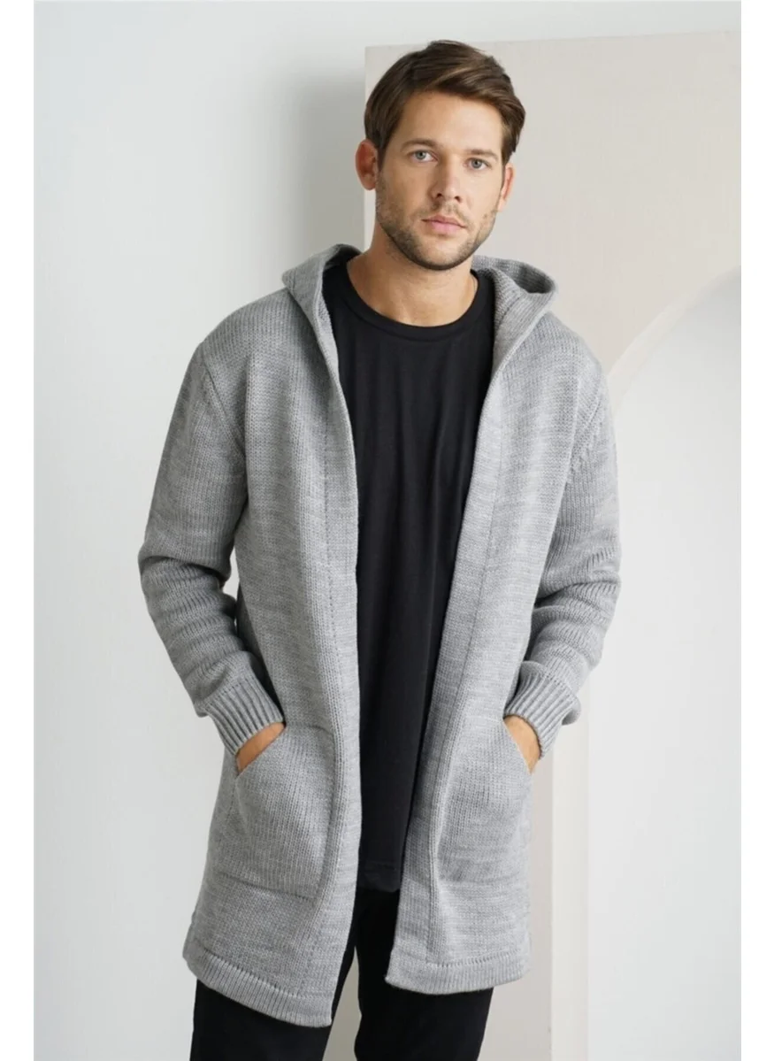 Cool Tarz Cool Style Men's Gray Hooded Pocket Poncho Knitwear Cardigan