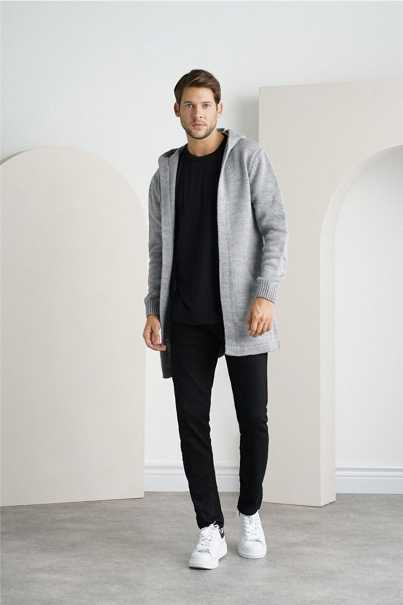 Cool Tarz Cool Style Men's Gray Hooded Pocket Poncho Knitwear Cardigan  - Image 2