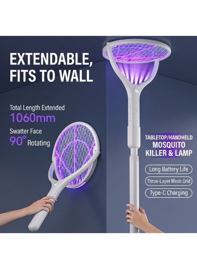 ORIONMAX Rechargeable Electric Mosquito Swatter Racket with Extendable Telescopic Handle, 90ฐ Rotating Head, Green Light Mosquito Finder, 3000V High Voltage Bug Zapper, Fly Killer Trap for Indoor Home Bedroom Kitchen Garden - Image 3