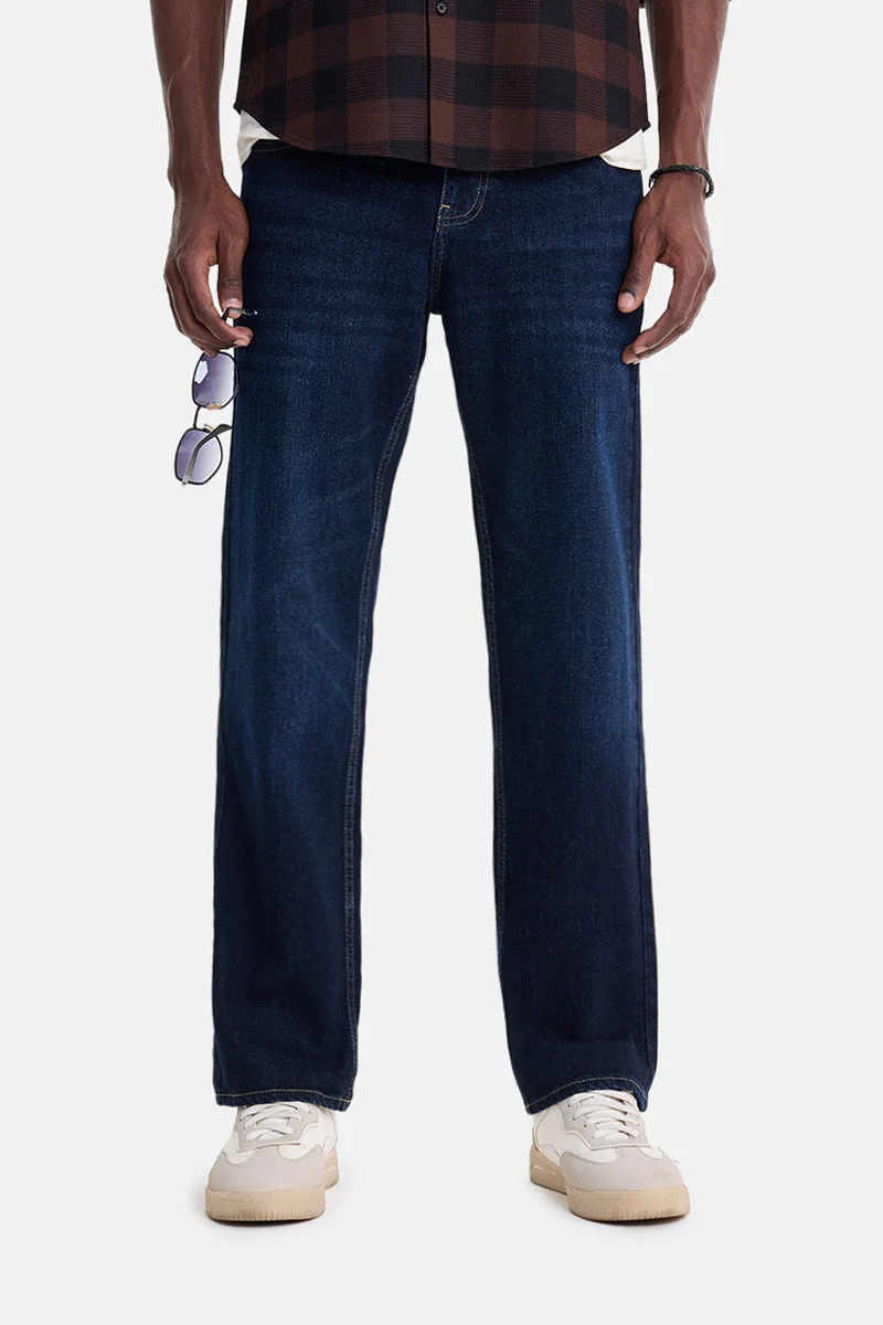 سنيتش Dark Blue Solid Straight Fit Casual Jeans