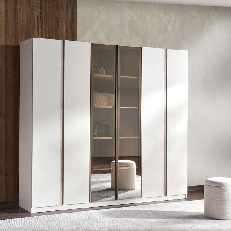 Pan Home FIORE 6 DOOR WARDROBE WITH MIRROR - BEIGE - Image 1