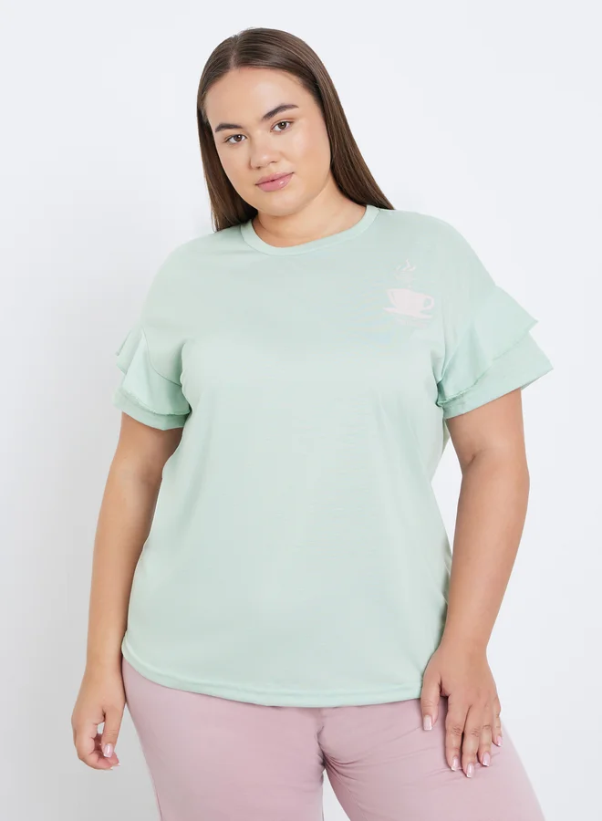 Styli Styli Plus Coffee Graphic T-Shirt and Pyjama Set