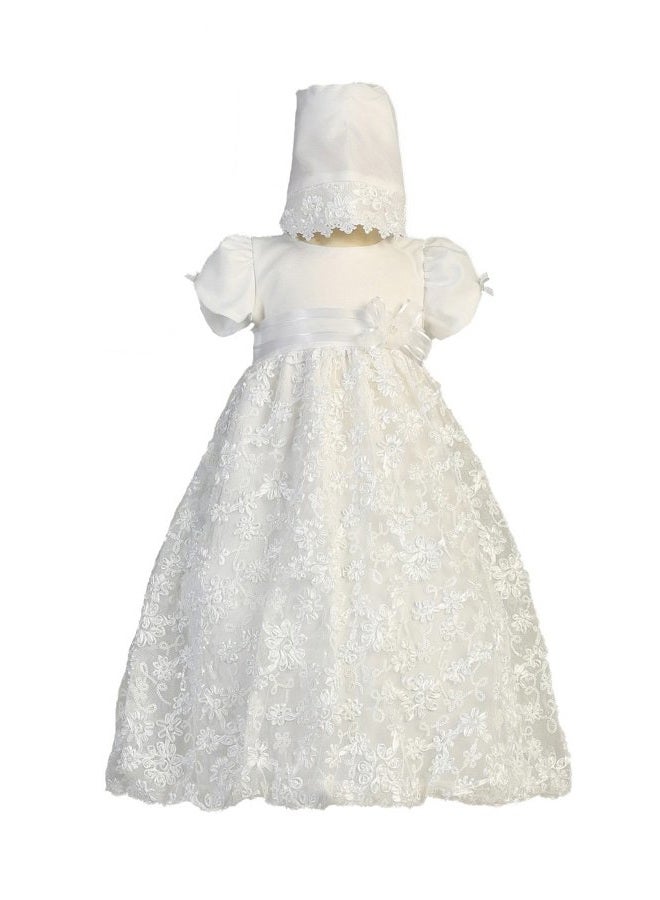 Long White Embroidered Satin Ribbon Tulle Baby Girl Christening Baptism Special Occasion Newborn Dress Gown with Matching Hat - XS (0-3 Month, 0-8 lbs)