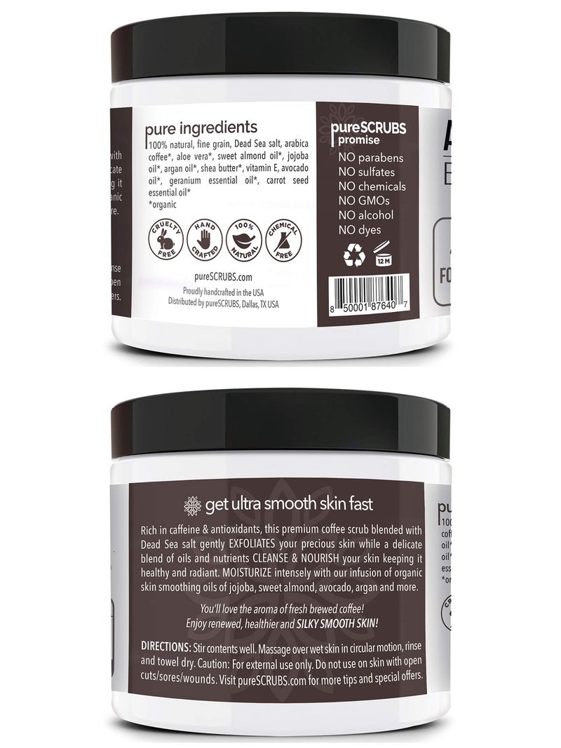 pureSCRUBS Premium Organic Arabica Coffee Body Scrub Set - ORIGINAL BLEND Large 16oz Anti Cellulite Scrub Essential Oils & Nutrients + FREE Wooden Spoon, Loofah & Mini Organic Exfoliating Bar Soap - Image 2