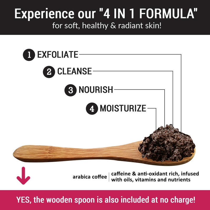 pureSCRUBS Premium Organic Arabica Coffee Body Scrub Set - ORIGINAL BLEND Large 16oz Anti Cellulite Scrub Essential Oils & Nutrients + FREE Wooden Spoon, Loofah & Mini Organic Exfoliating Bar Soap - Image 3
