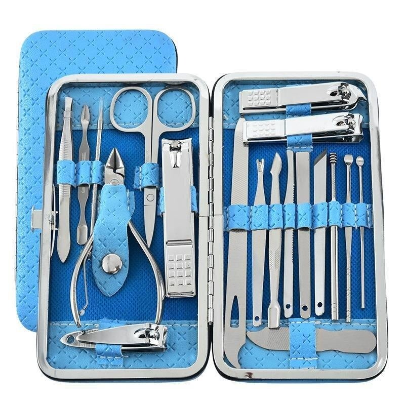 Pop color Korea bag luxury multifunctional nursing tool nail clipper set 19 PCs with leather bag nail clipper stainless steel nail clipper set(19 pieces-Blue) - Image 1