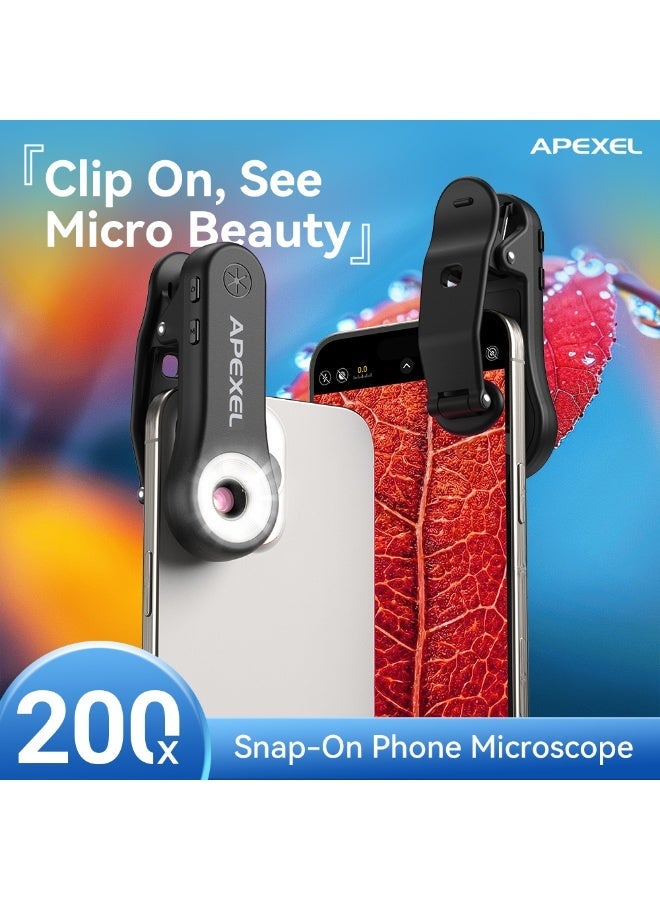 APEXEL APL-MSL200X 200X Clip-on Macro Lens for Mobile Phones, HD Magnification, Portable Digital Microscope with Triple Light Sources (White/Yellow/UV), CPL Anti-Reflection, Universal for Jewelry Identification, Plant Observation and Skin Detection, Compatible with Smartphones and Tablets - Image 1