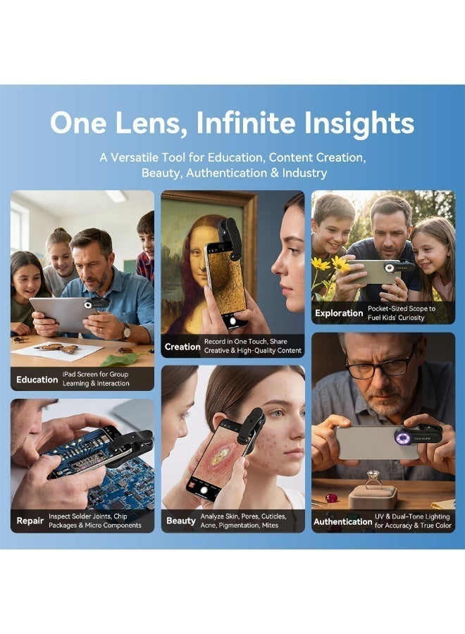 APEXEL APL-MSL200X 200X Clip-on Macro Lens for Mobile Phones, HD Magnification, Portable Digital Microscope with Triple Light Sources (White/Yellow/UV), CPL Anti-Reflection, Universal for Jewelry Identification, Plant Observation and Skin Detection, Compatible with Smartphones and Tablets - Image 2