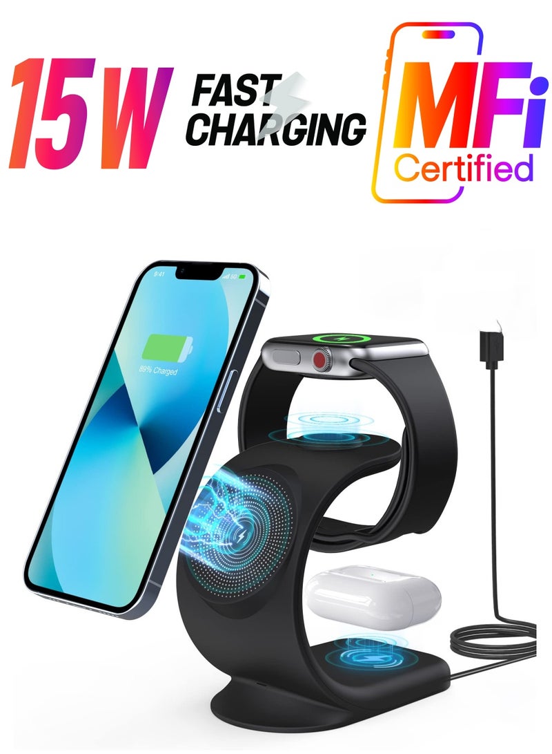 3 in 1 Magnetic Wireless Charger, 15W Fast Charging Station for iPhone 13/ pro/ pro-Max/ 12/ 12 Pro Max, Support for iWatch, for AirPods Pro for Bonus 18W QC 3.0 Adaptor and Magetic Metal Ring (Black)  - Image 1