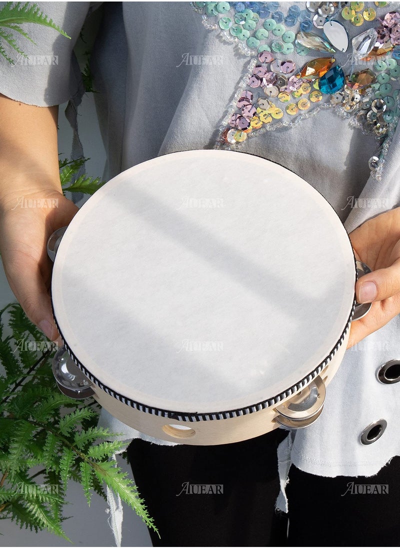 null - Double Row Jingles Handheld Tambourine Creative Wooden Tambourine Drum for Adults Percussion for Musical Educational Toy Party Game 1 Pack 10 Inch - Image 1