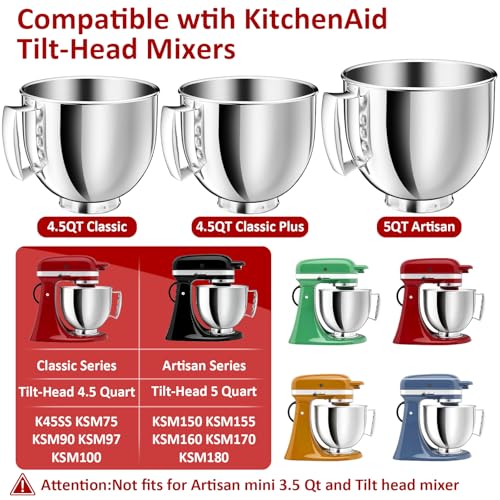 Nicdiet 5QT Stainless Steel Mixer Bowl Compatible with KitchenAid Bowls for Mixer, Artisan&Classic Series 4.5-5QT Tilt-Head Mixers, Kitchen Gadgets Mixer Bowl with Handle,Metal Bowl for Kitchen Mixing Bowl - Image 3