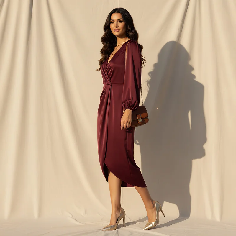 Wrap Midi Polyester Dress with Puff Sleeves