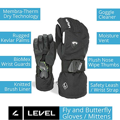 Level Fly Snowboard Mittens with Wrist Guards, Proven BioMex Design, Kevlar Palms, Removable Liner (Black, Large (9.0in)) - Image 3